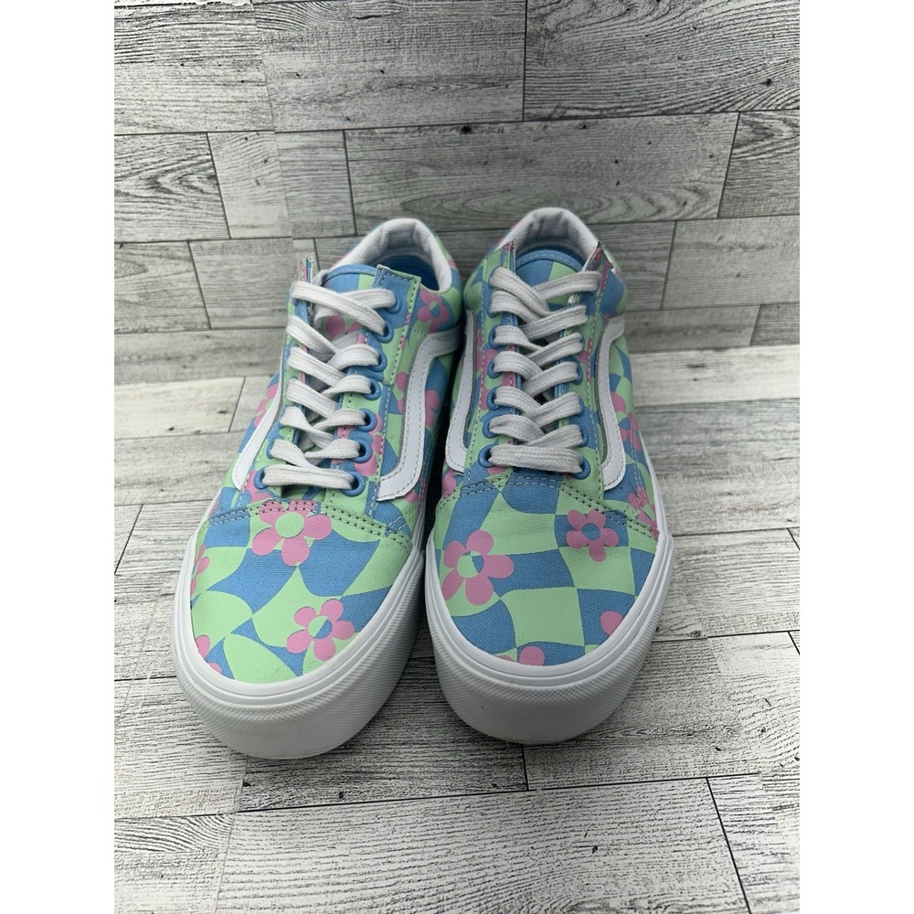 Vans Old Skool Stacked Platform Shoes Womens 8 Men 6.5 Checkerboard Floral Blue‎